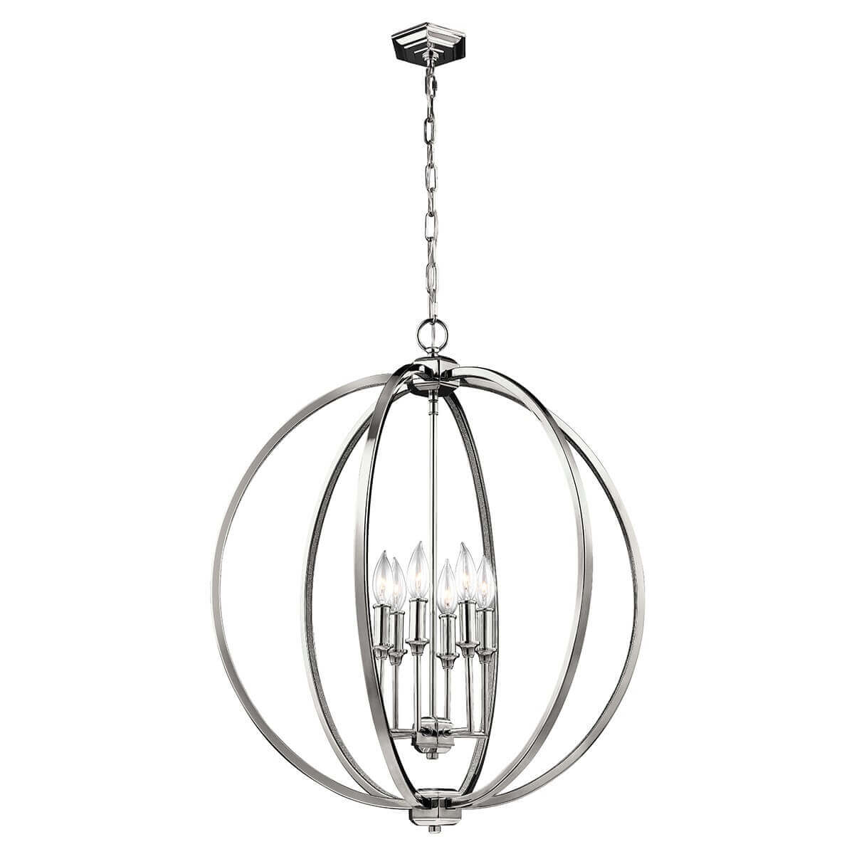 Suspension complète en nickel poli avec cage sphérique et six lumières bougies