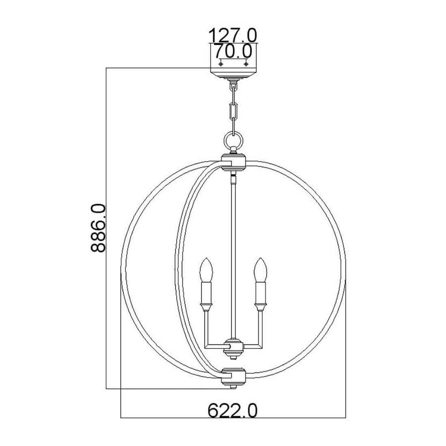 Schéma technique coté montrant hauteur totale et diamètre du luminaire