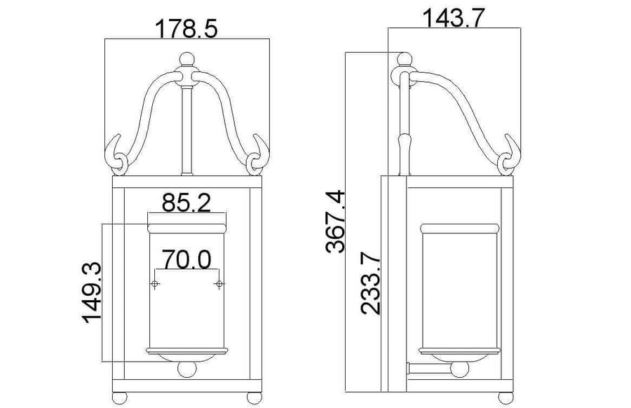 Schéma coté du luminaire : largeur, profondeur et hauteur de la lanterne murale