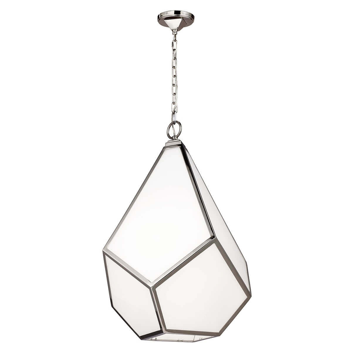 Lustre suspendu en nickel poli, silhouette facettée en goutte avec panneaux diffusants blancs.