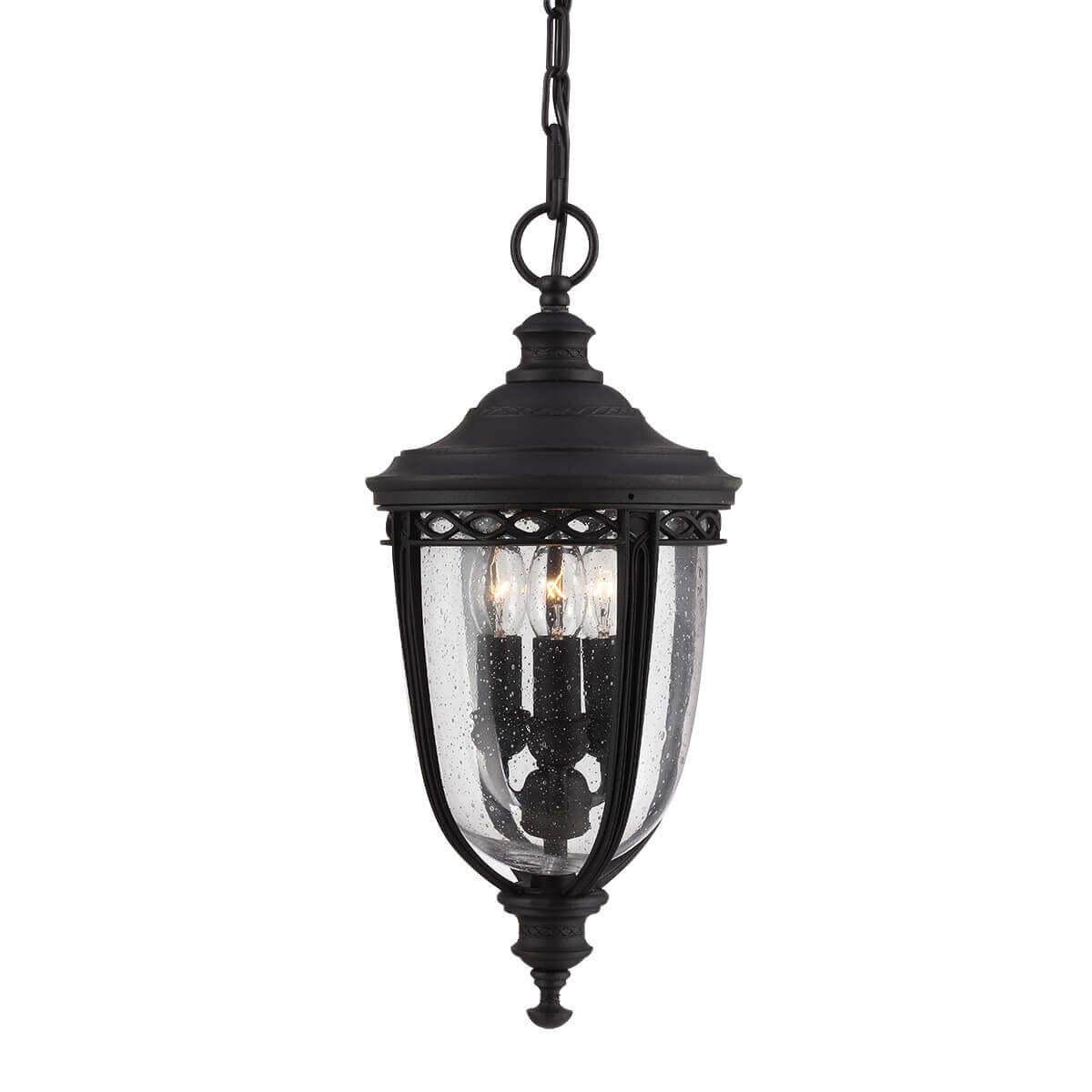 Suspension extérieure noire à trois lumières, verre bullé, vue de face