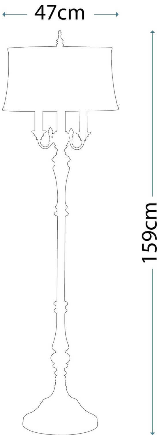 Schéma coté du luminaire indiquant 47 cm de diamètre et 159 cm de hauteur