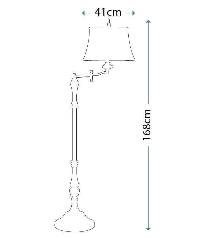 Schéma coté du lampadaire indiquant 168 cm de haut et 41 cm d'abat-jour