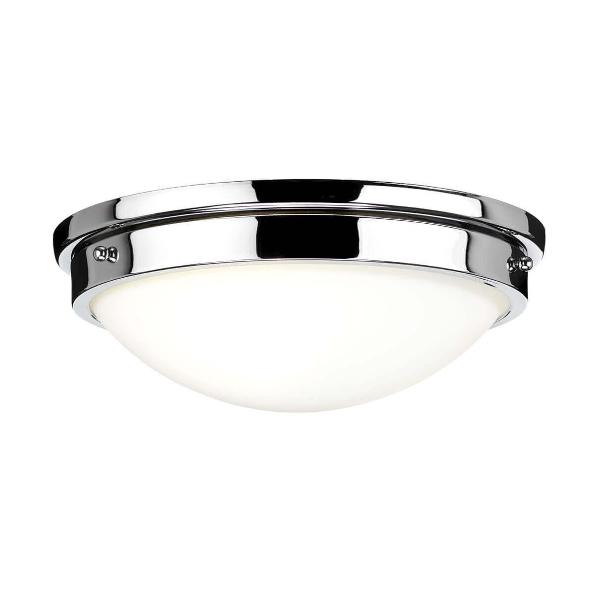 Plafonnier rond vu de face, cerclage chromé et diffuseur en verre blanc bombé.