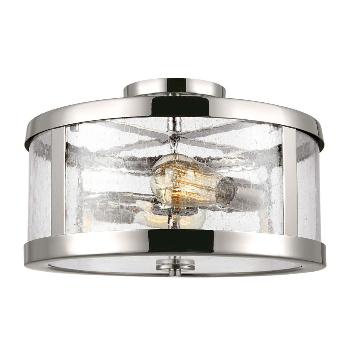 Plafonnier vu de face, cercle en nickel poli et verre godronné transparent