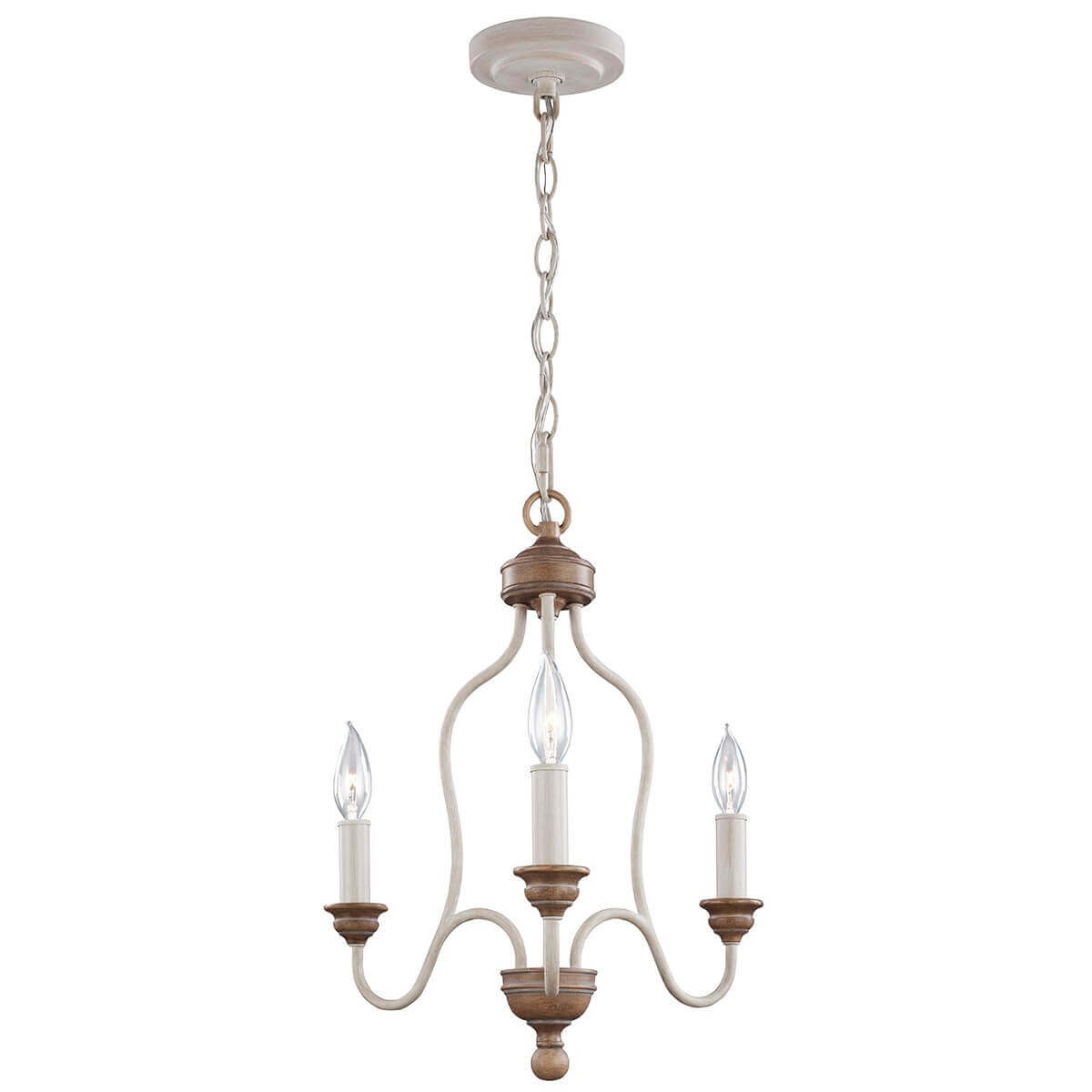 Lustre suspendu à trois lumières, finition bois blanchi, bras courbes et chaîne.