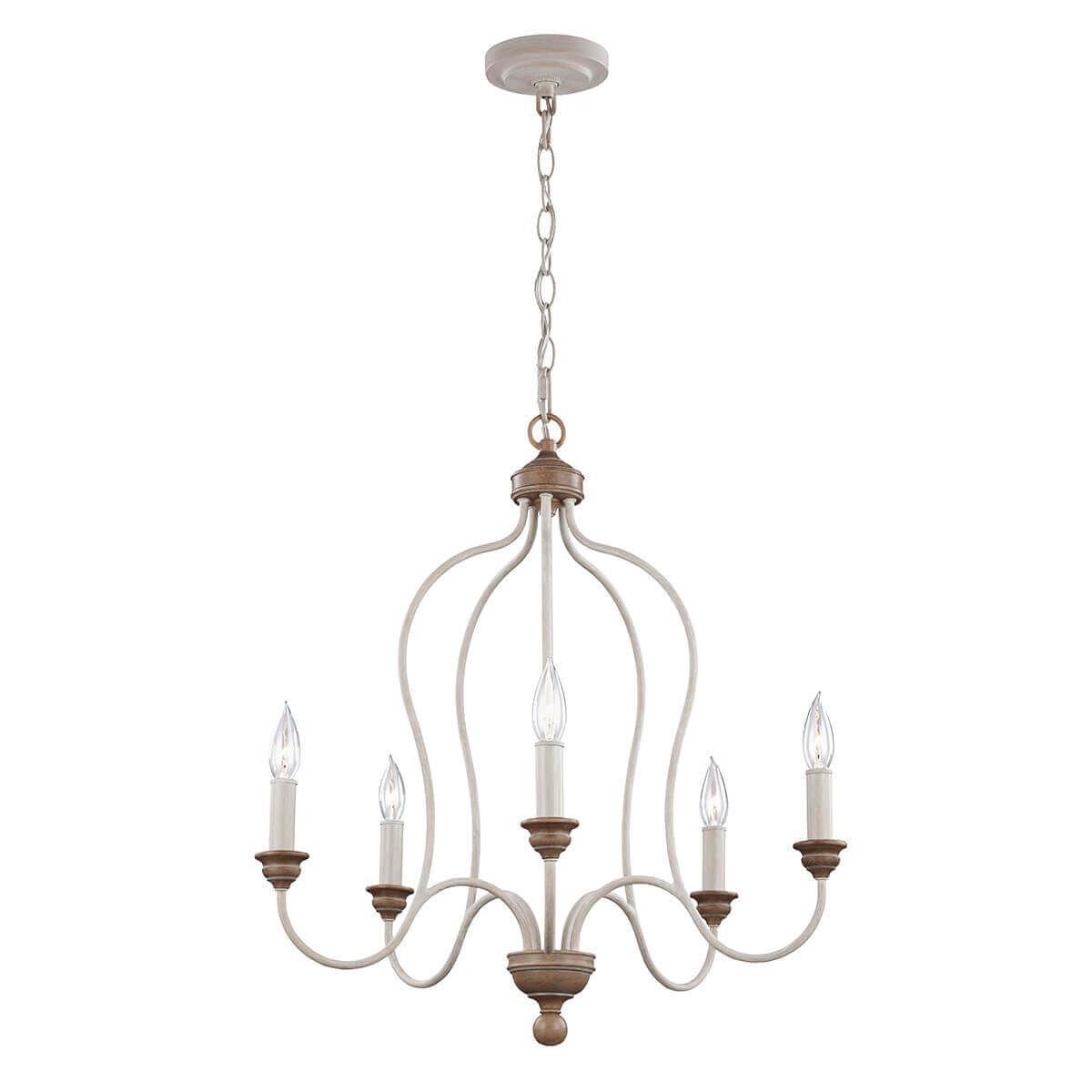 Lustre à cinq lumières vu de face, suspendu par une chaîne, structure blanche et bois.