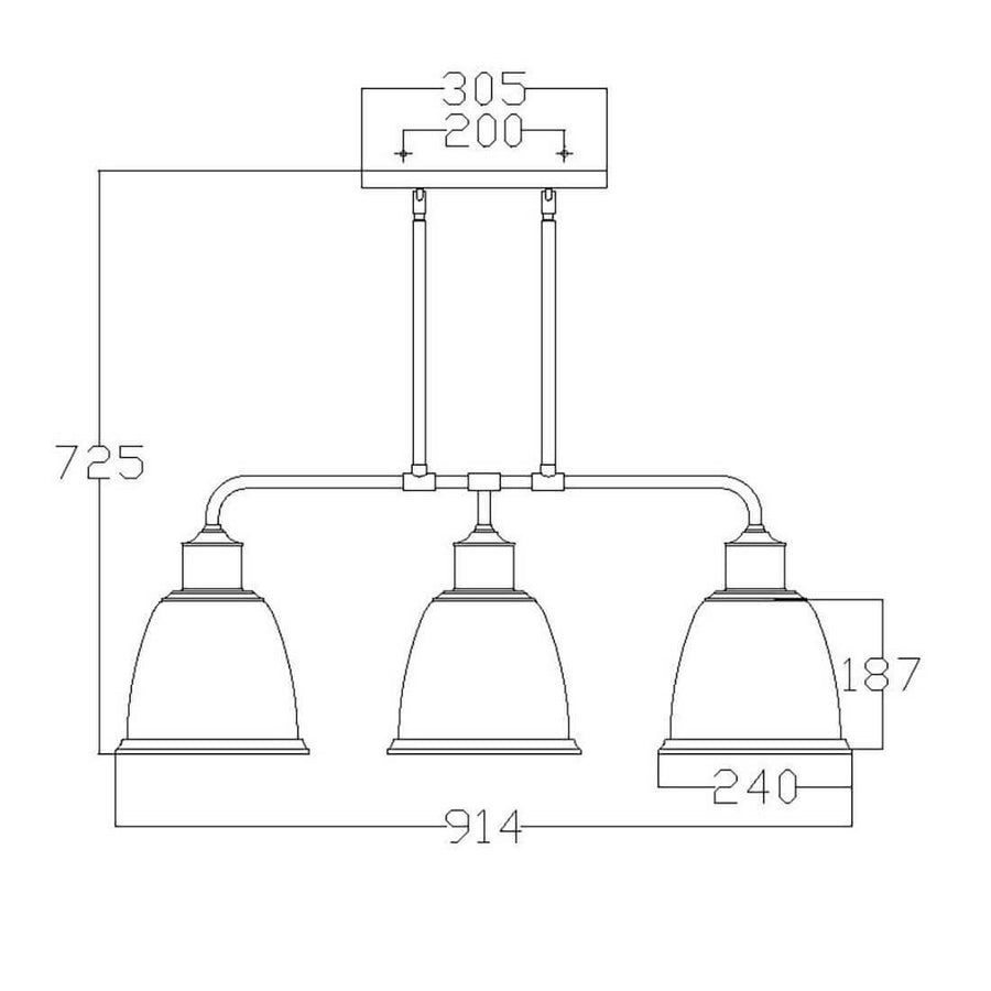 Schéma technique coté du luminaire avec dimensions en millimètres et largeur totale.