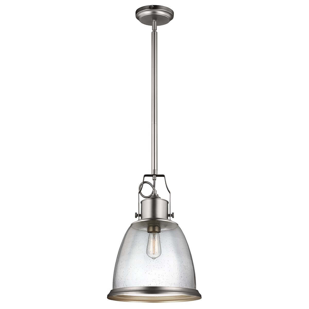 Suspension en nickel avec abat-jour en verre clair moucheté et ampoule visible