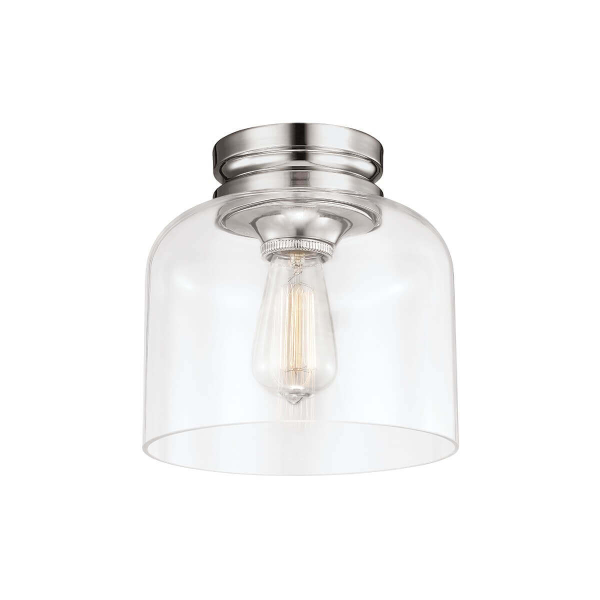 Vue de face du plafonnier nickel poli et sa cloche en verre transparent