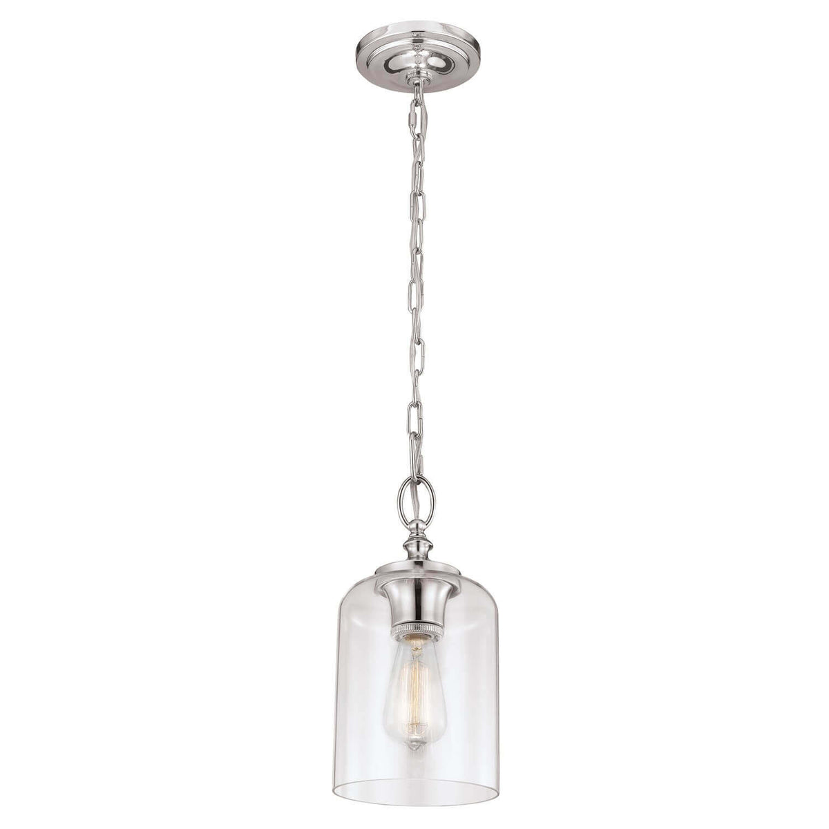 Suspension complète vue de face avec chaîne, verre clair et ampoule Edison