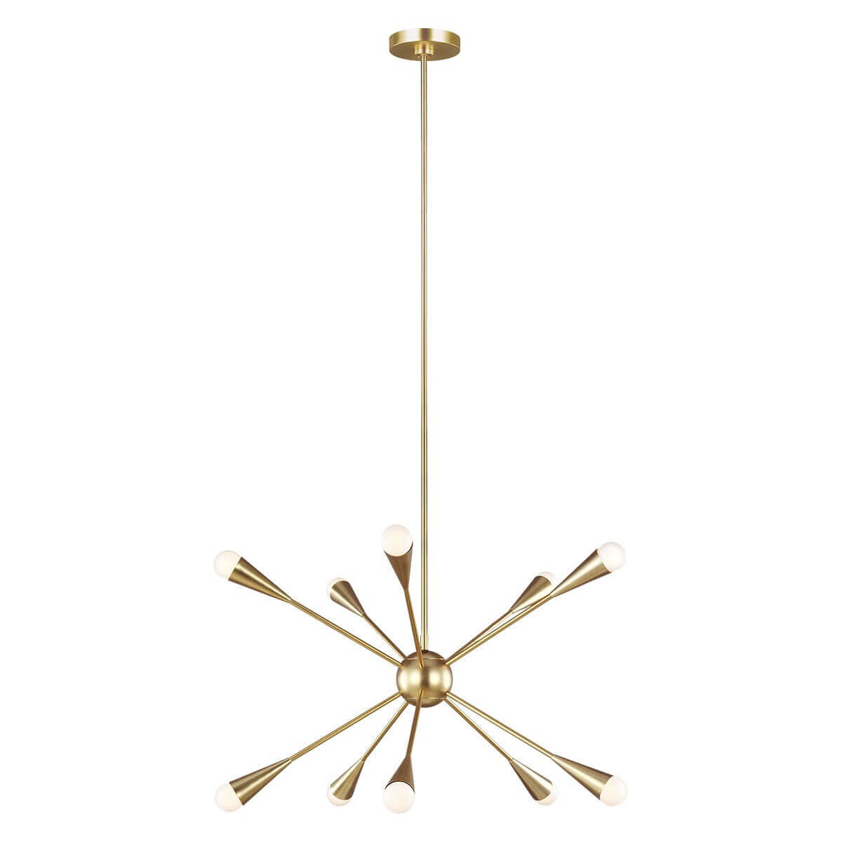Lustre laiton dix lumières vu de face sur fond blanc neutre
