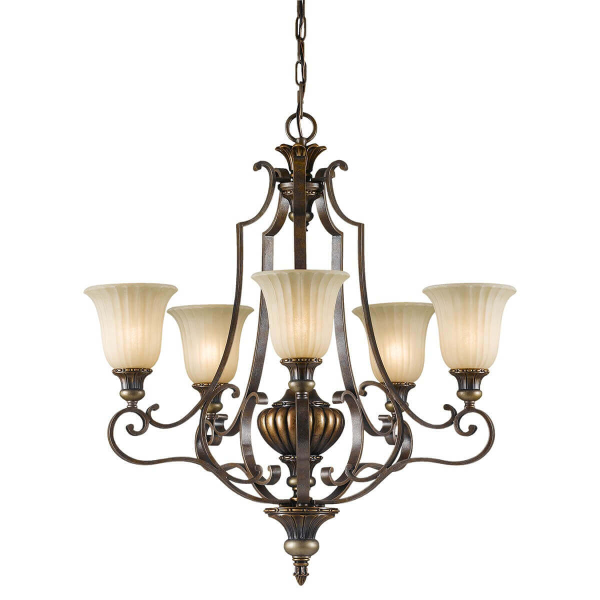 Lustre cinq lumières en métal doré et bronze avec abat-jours en verre givré.