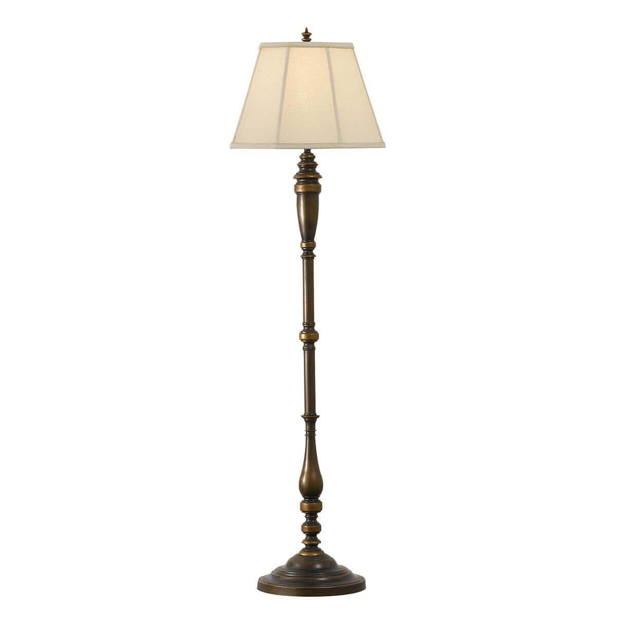 Lampadaire classique en bronze avec abat-jour conique en tissu clair, vue de face.