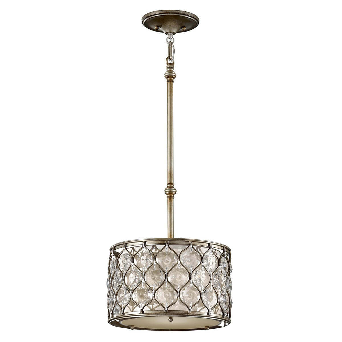 Vue de face du luminaire sur fond blanc, tige et abat-jour cylindrique en cristal