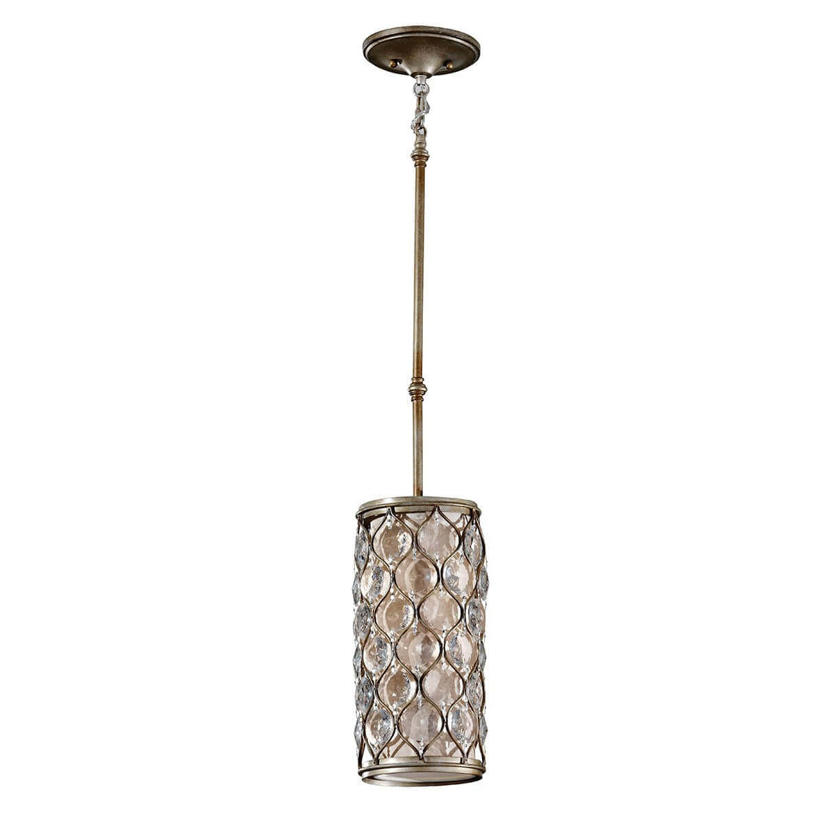 Suspension complète de face sur fond blanc, tige fine et panier cylindrique en cristal.