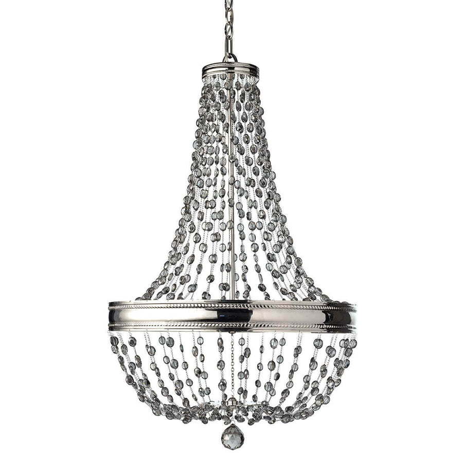 Lustre seul sur fond blanc, vue de face détaillant les chaînes de cristal et le cercle nickel