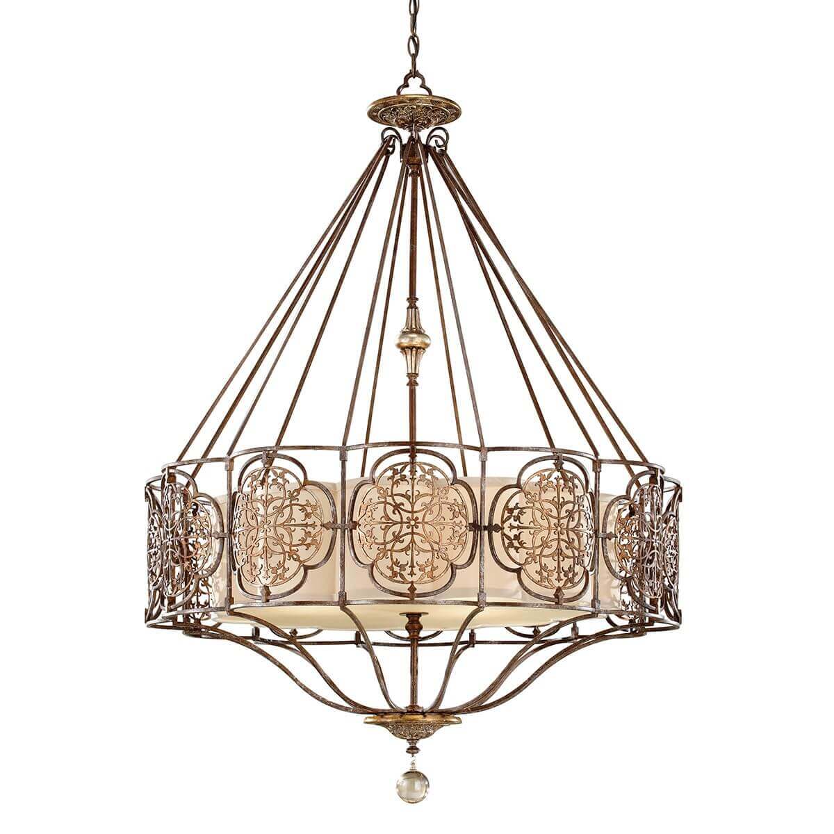 Lustre suspendu de face avec abat-jour cylindrique, cadre métallique ouvragé et verre.