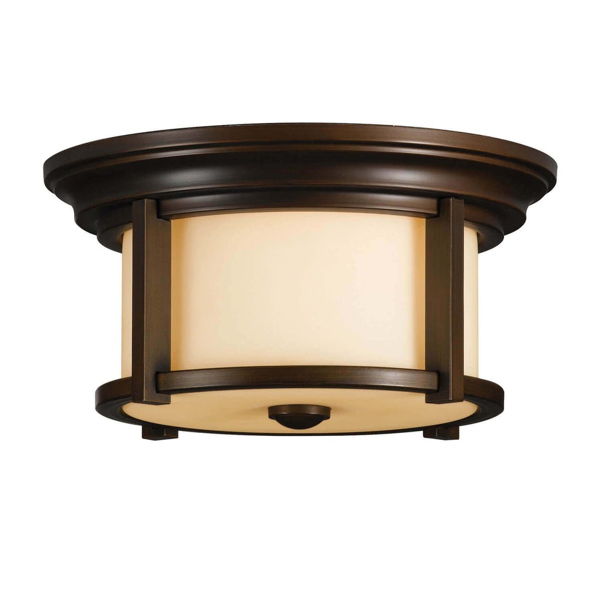 Plafonnier extérieur rond en bronze foncé avec verre ambré, vue de face sur fond blanc
