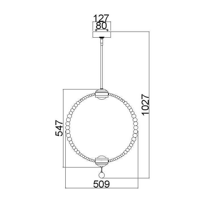 Schéma coté du luminaire : hauteur totale 1027 mm et diamètre 509 mm
