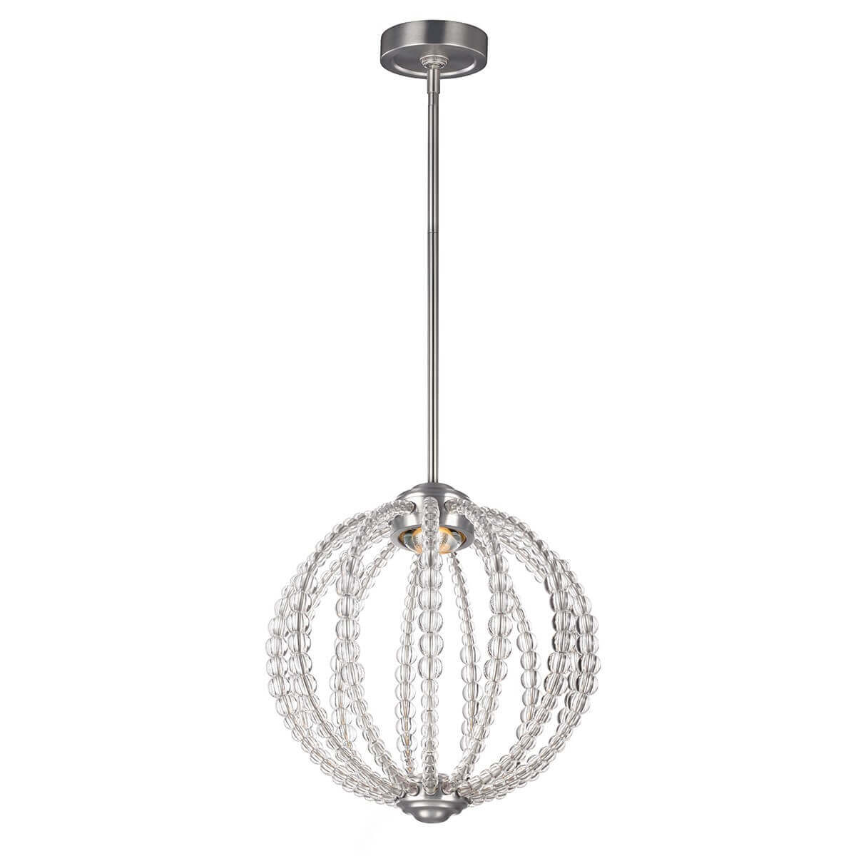 Suspension seule sur fond blanc, globe de cristal et tige nickelée.