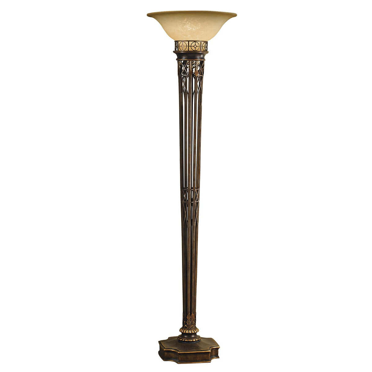Vue de face du lampadaire doré complet avec sa vasque et son long fût.