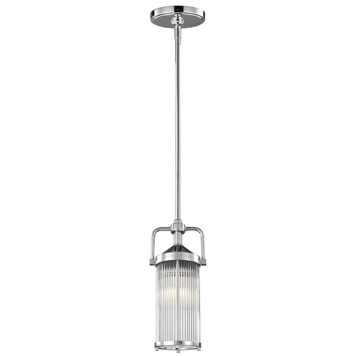 Suspension chromée avec abat-jour cylindrique en verre strié, vue de face sur fond blanc.
