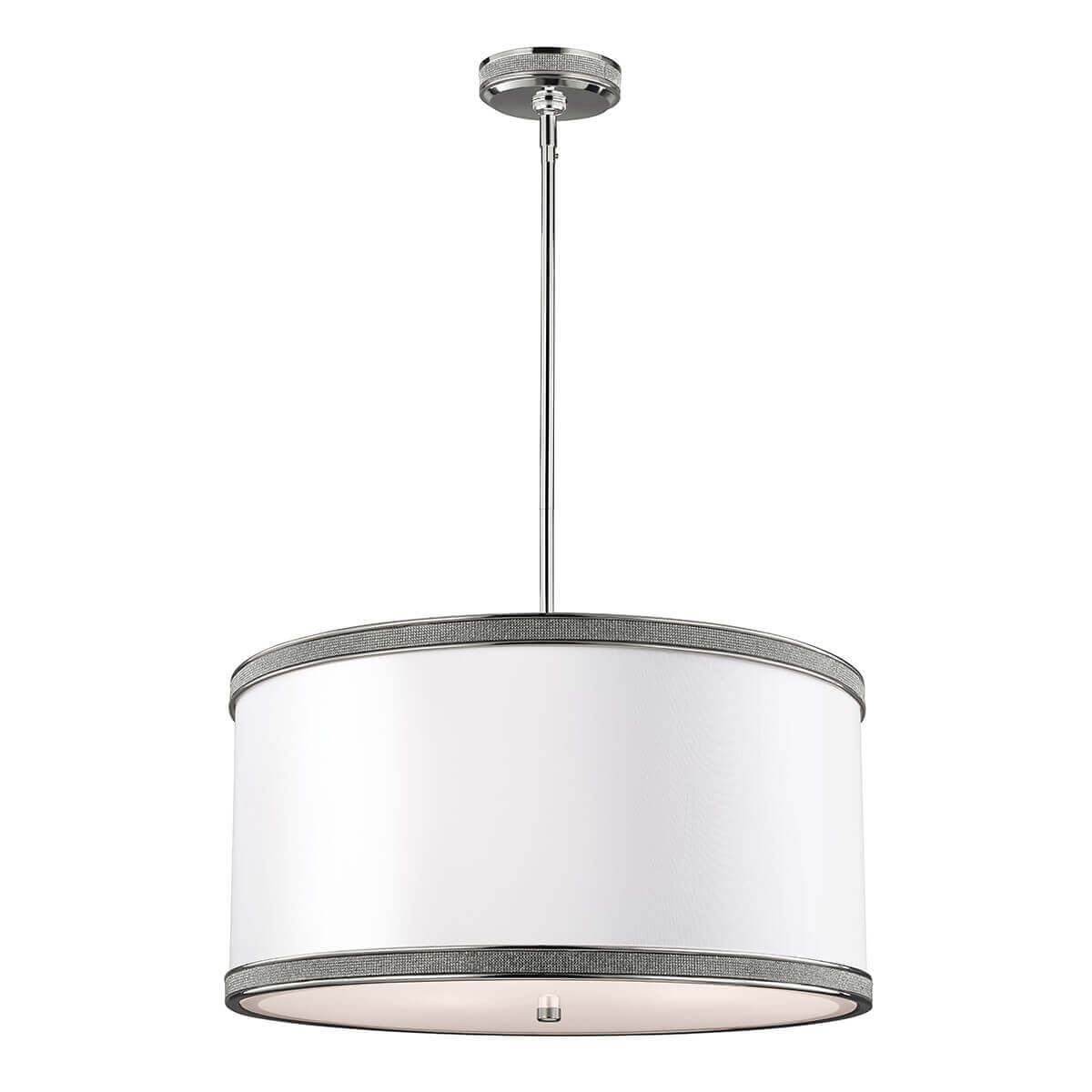 Suspension complète à abat-jour cylindrique blanc et tige nickel poli, vue de face