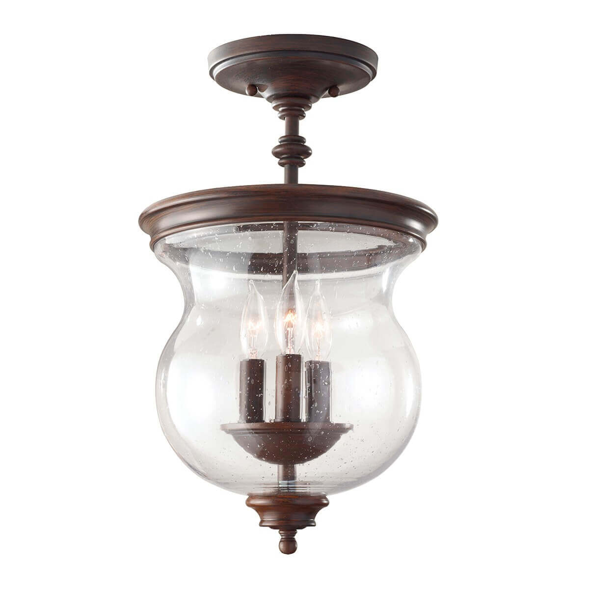 Plafonnier complet de face en bronze foncé avec verre clair cloqué