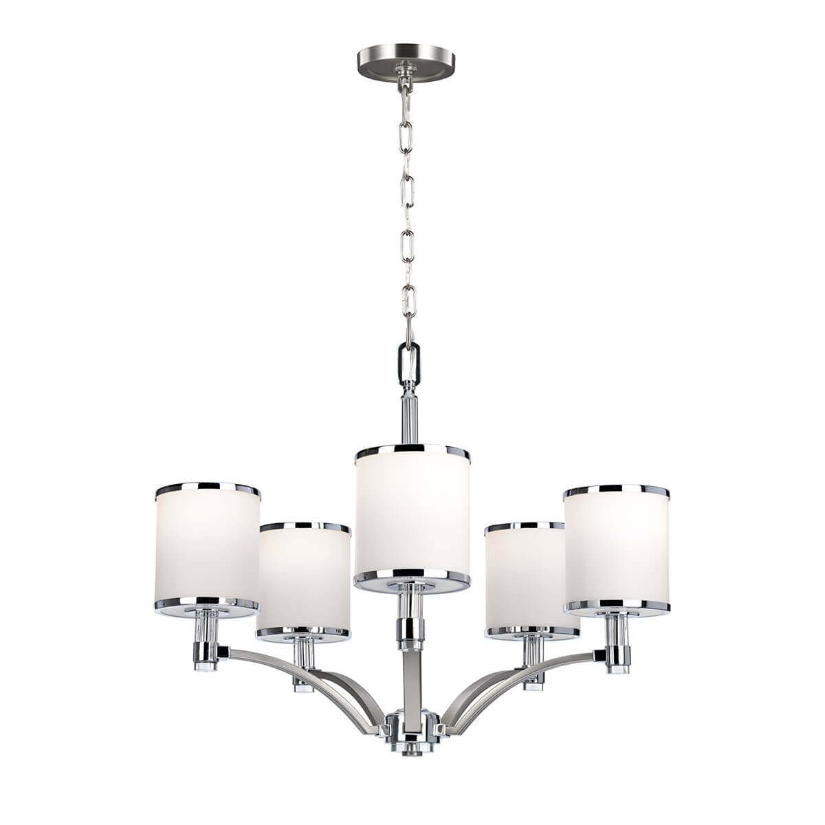 Lustre cinq lumières en nickel satiné avec abat-jours cylindriques en verre blanc