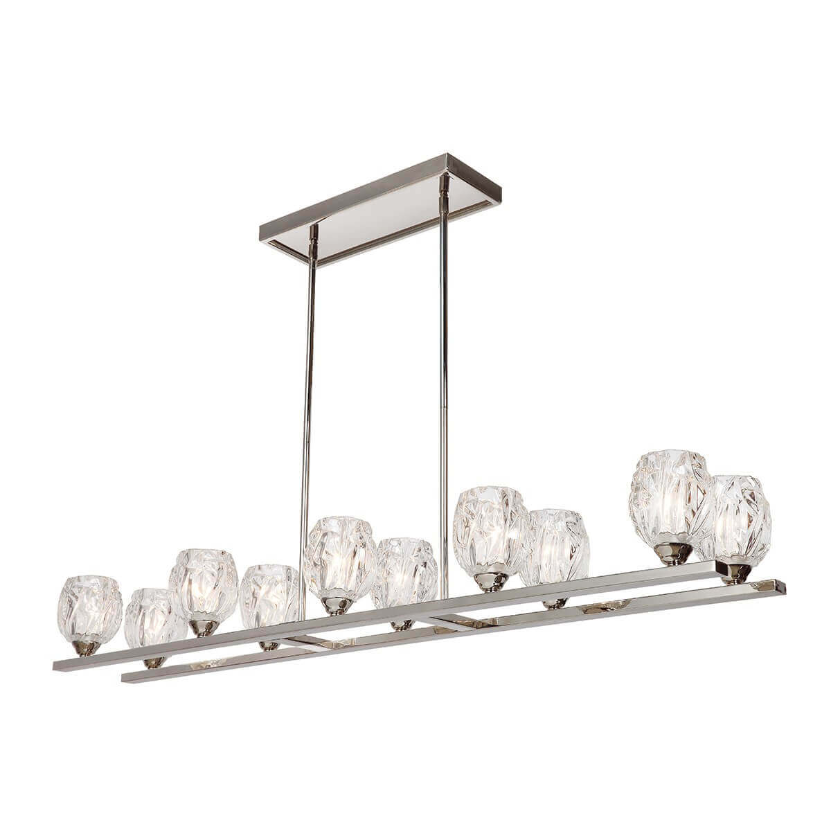Lustre suspendu linéaire vu de face, dix verres texturés sur structure nickel poli