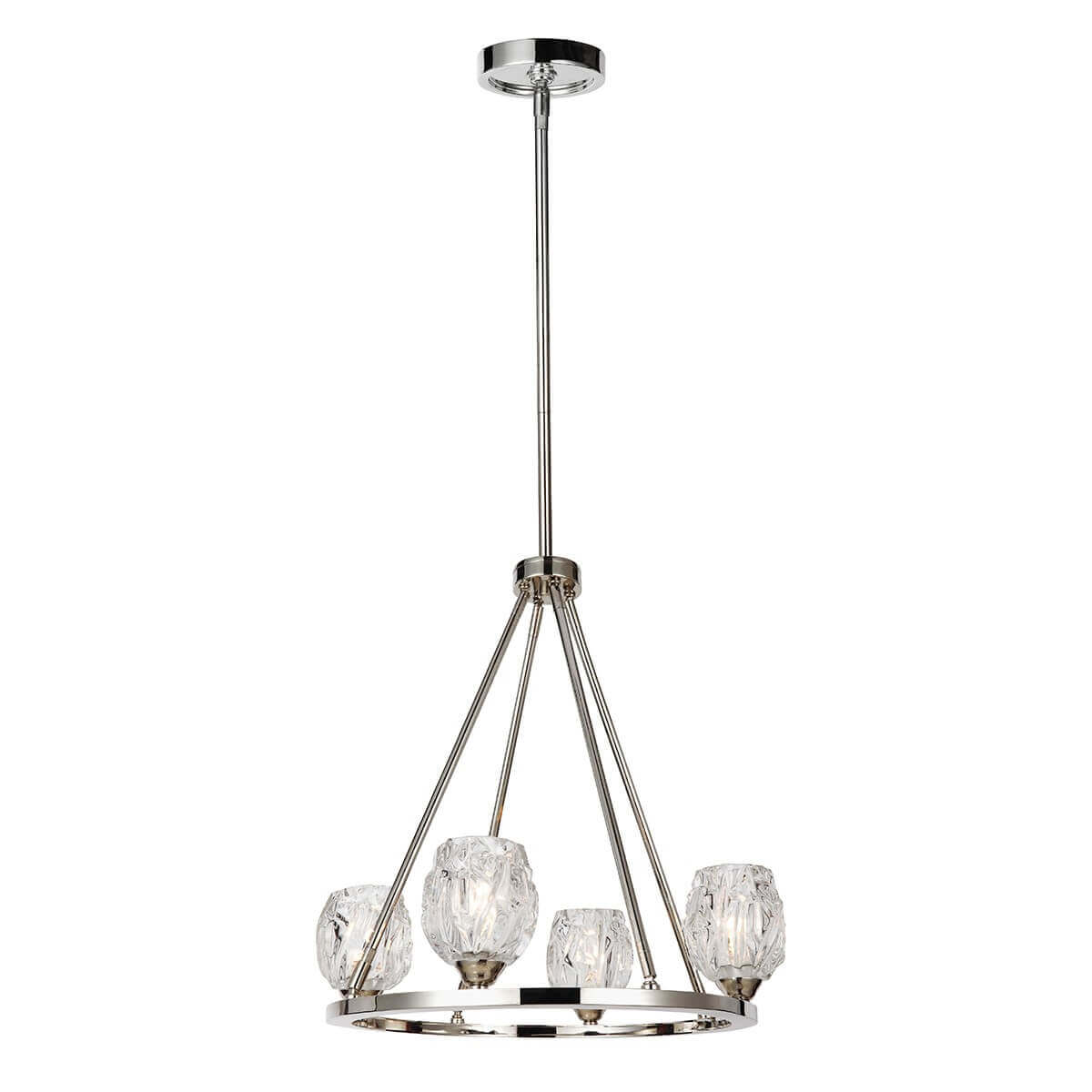 Lustre suspendu à quatre lumières, verre texturé et finition nickel poli sur fond blanc