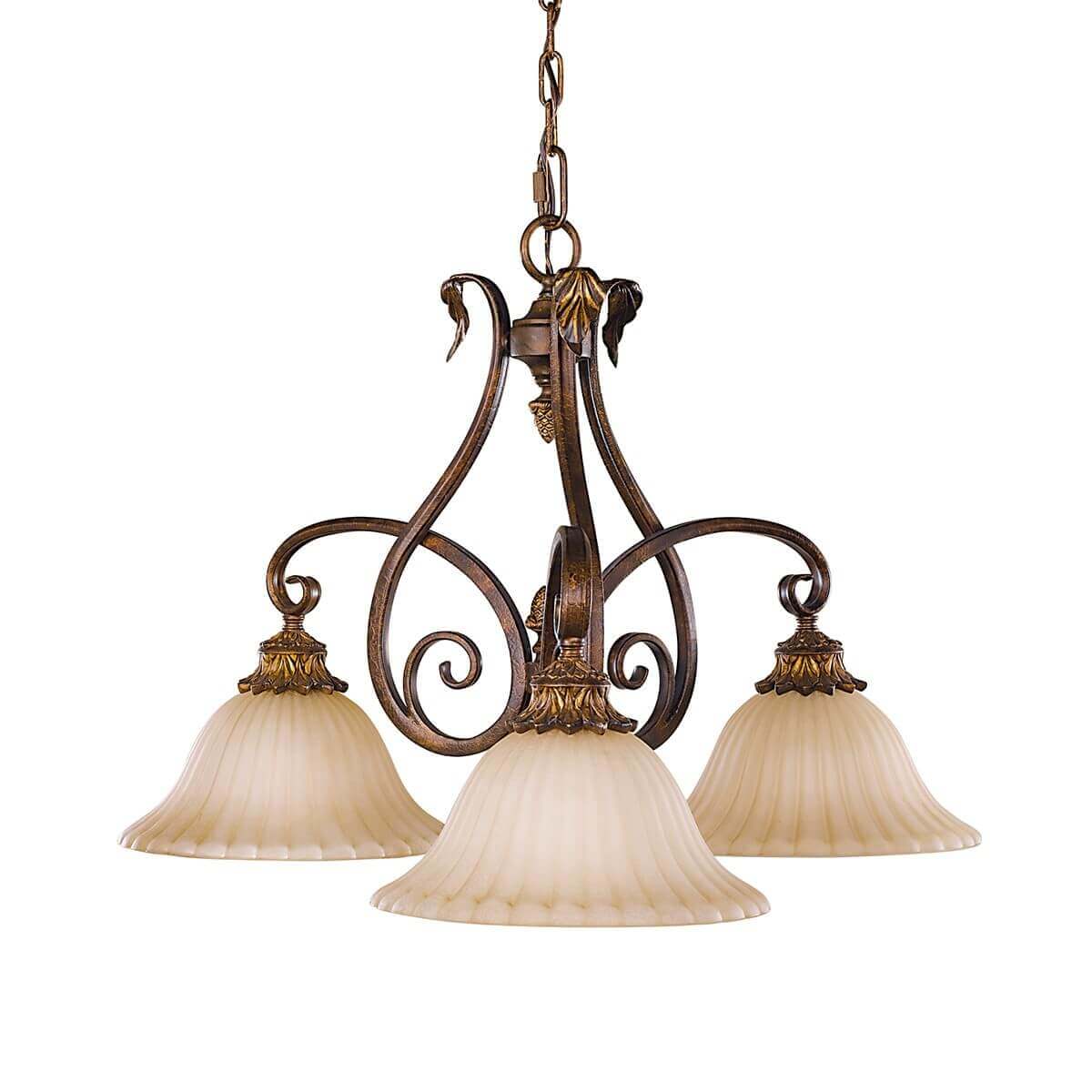 Lustre suspendu trois lumières, verre dépoli et fer forgé bronze, fond blanc.