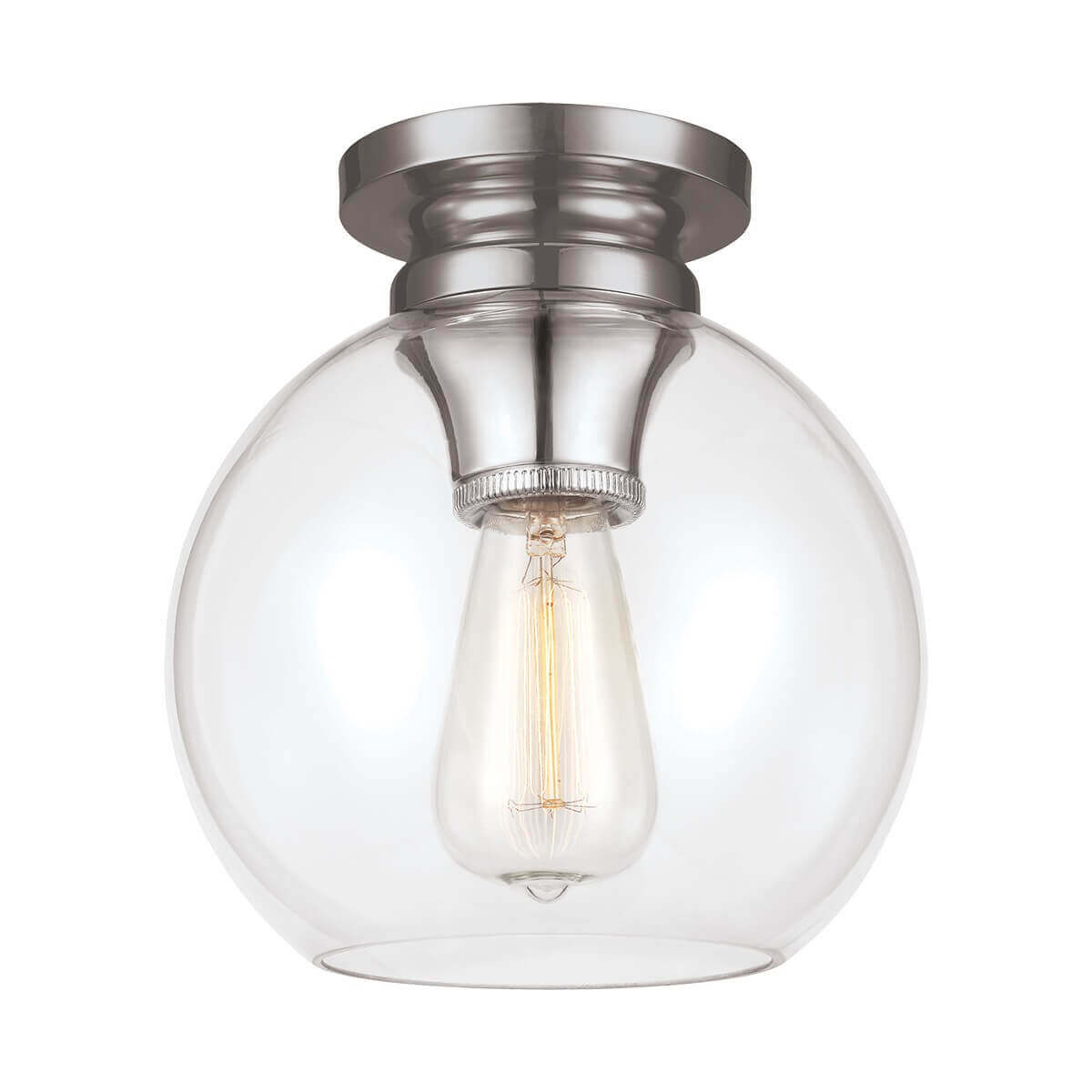 Vue de face du plafonnier en verre transparent avec douille et ampoule visibles.