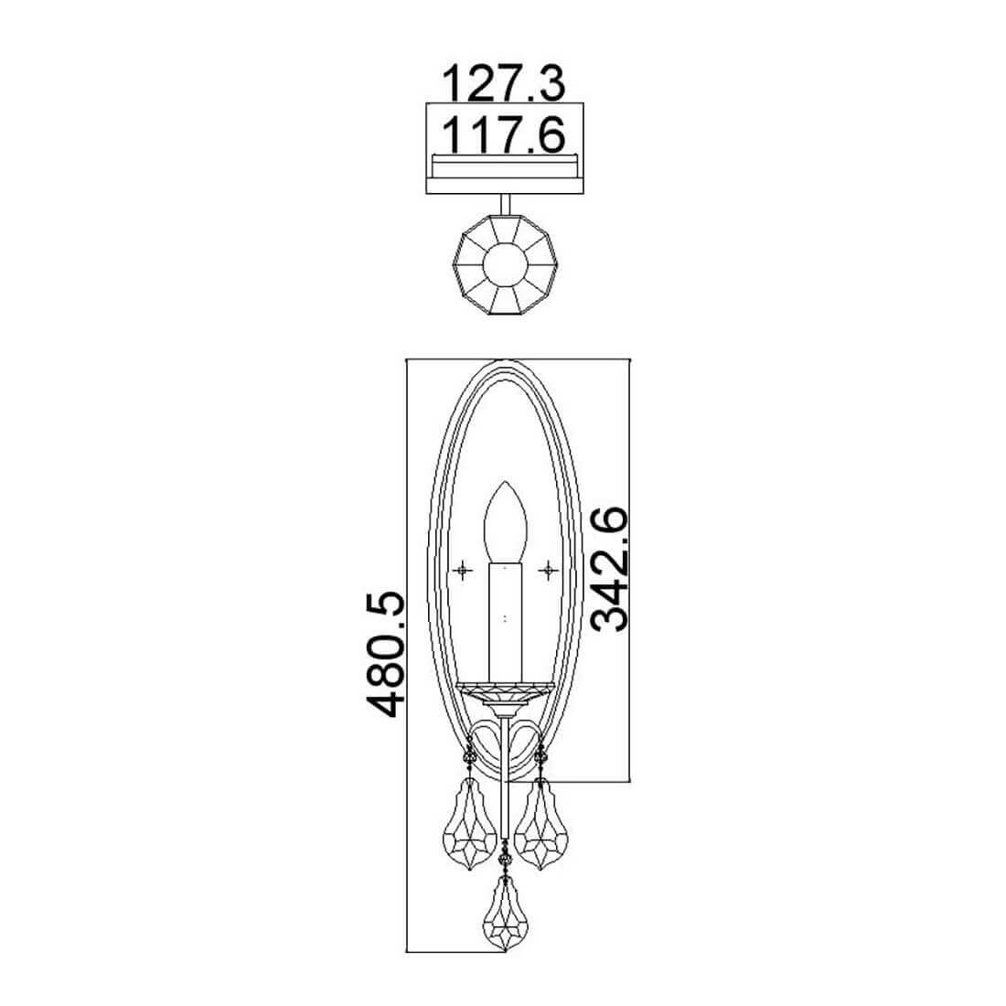 Schéma technique côté de l'applique vue de face et de dessus avec dimensions.