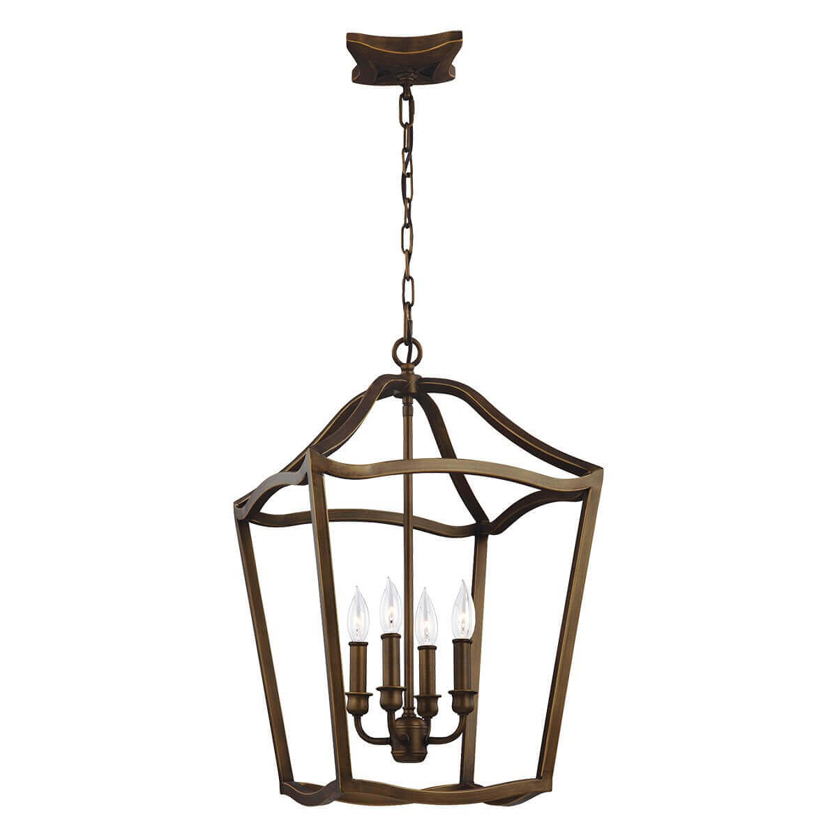 Suspension lanterne en laiton vieilli à quatre lumières, vue de face sur fond blanc