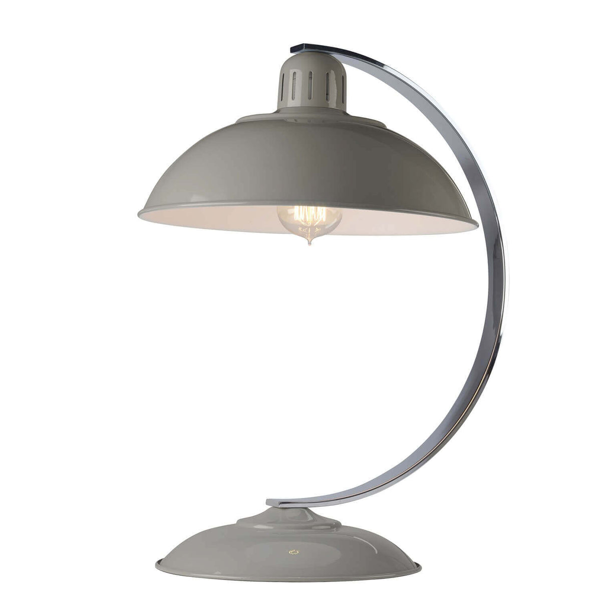 Lampe à poser grise vue de face, abat-jour bombé et bras chromé courbe