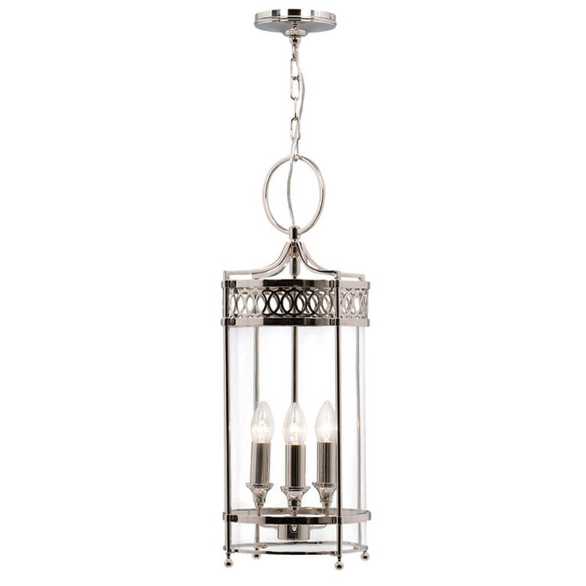 Vue de face de la suspension nickel poli à trois lumières et verre cylindrique