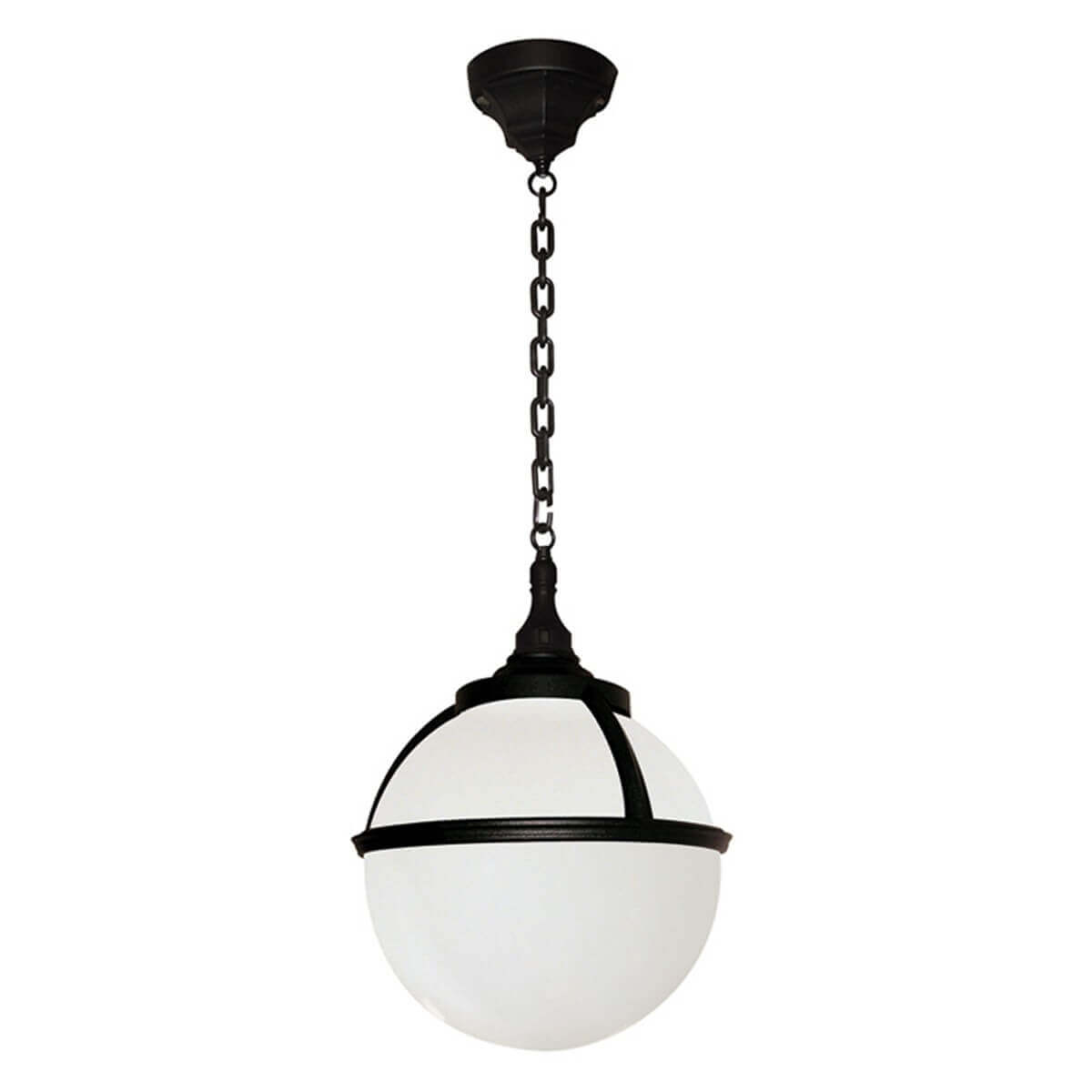 Suspension noire complète avec chaîne, rosace et globe en verre blanc.