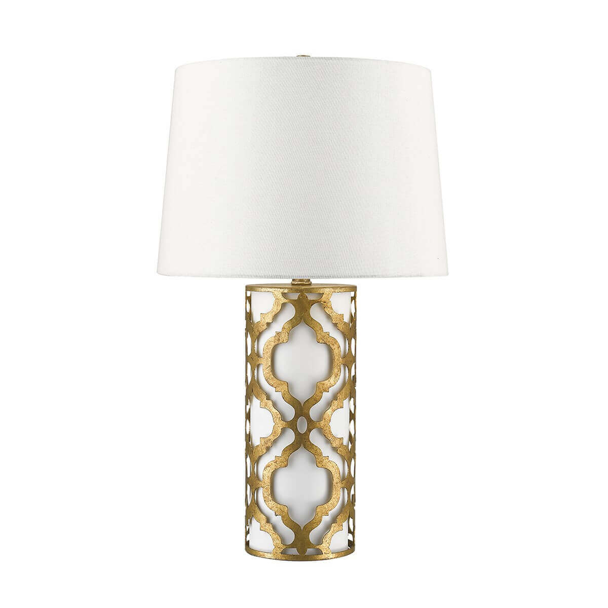 Lampe à poser dorée et blanche, abat-jour blanc et base cylindrique ajourée