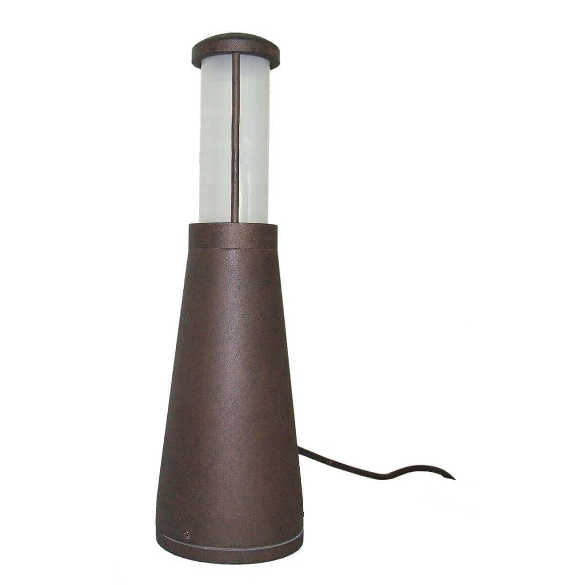 Lampadaire extérieur de face sur fond blanc, corps conique brun et diffuseur cylindrique.