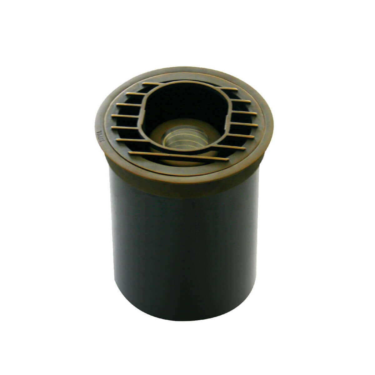Vue de face d'un luminaire cylindrique en bronze vieilli avec grille et lentille centrale.