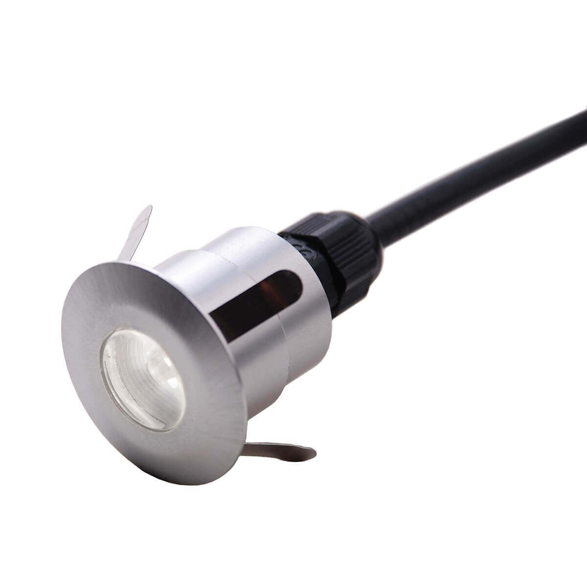 Spot encastrable extérieur en aluminium avec câble noir, vu de trois quarts