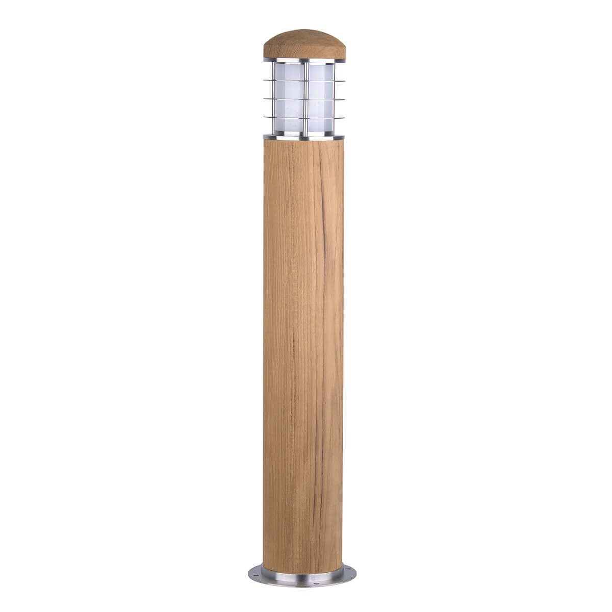 Vue d'ensemble du lampadaire cylindrique en bois avec tête grillagée.