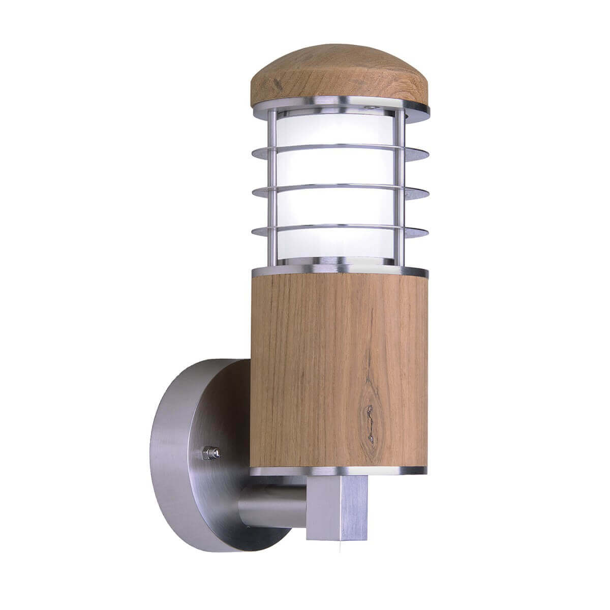 Applique murale extérieure vue de face, corps cylindrique en bois clair et grille métallique