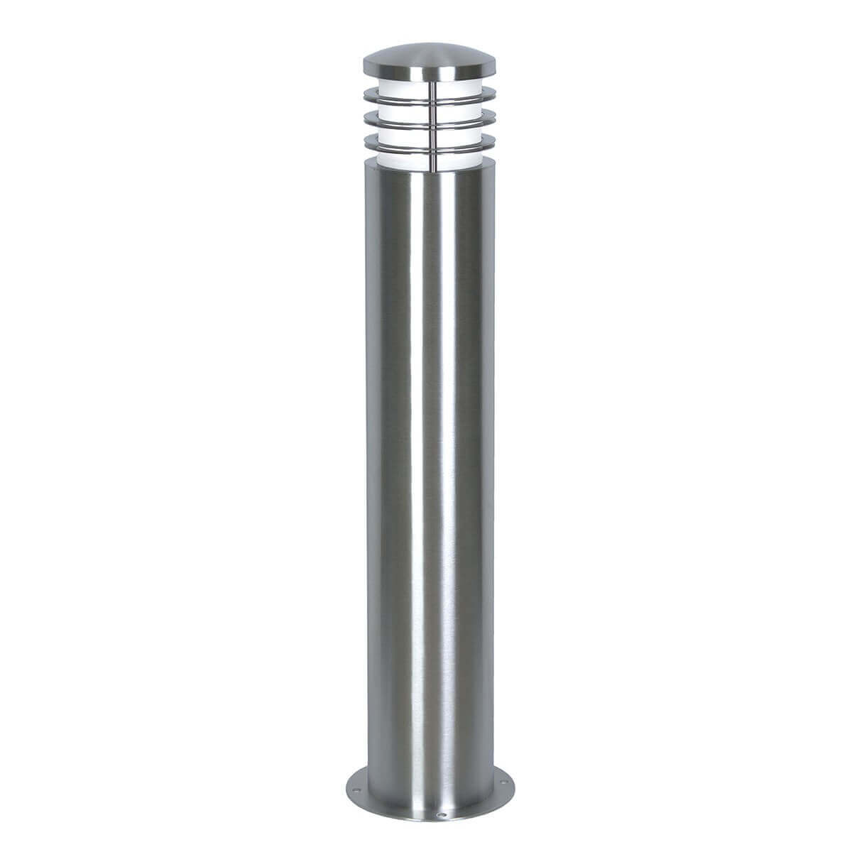 Lampadaire cylindrique en acier brossé vu de face sur fond blanc