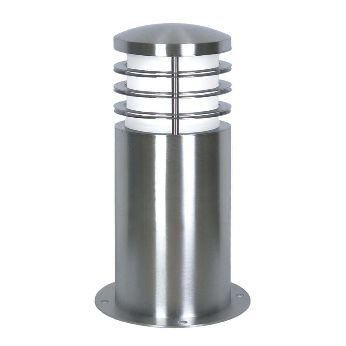Vue de face du lampadaire cylindrique en inox brossé avec diffuseur blanc