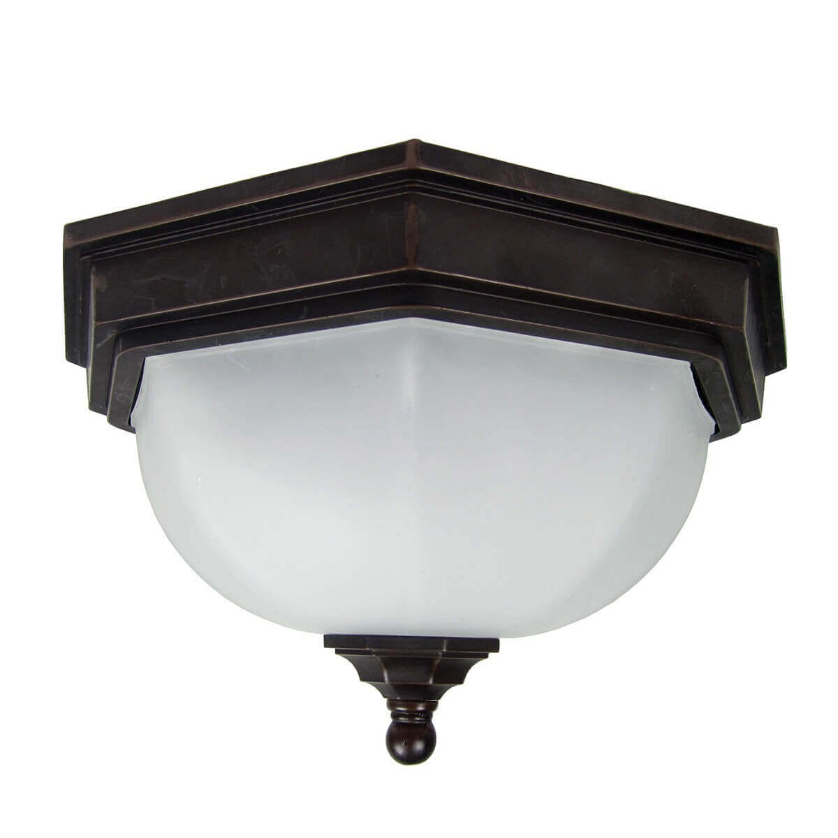 Plafonnier extérieur en bronze avec diffuseur bombé en verre dépoli blanc, vue de face