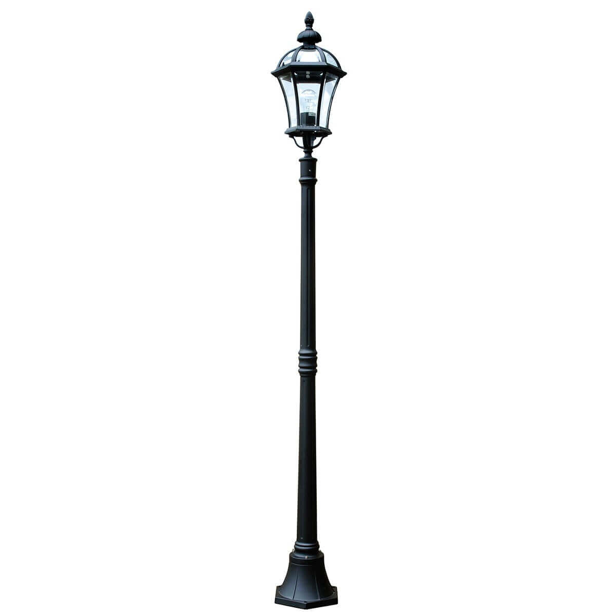 Lampadaire extérieur noir vu de face, lanterne vitrée et long fût vertical