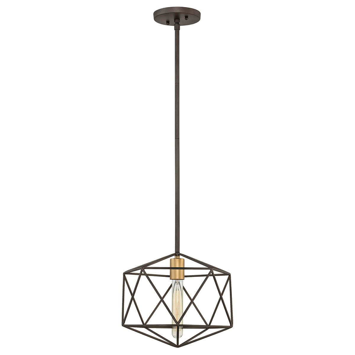 Suspension complète vue de face avec tige rigide, cage métallique géométrique et ampoule Edison.